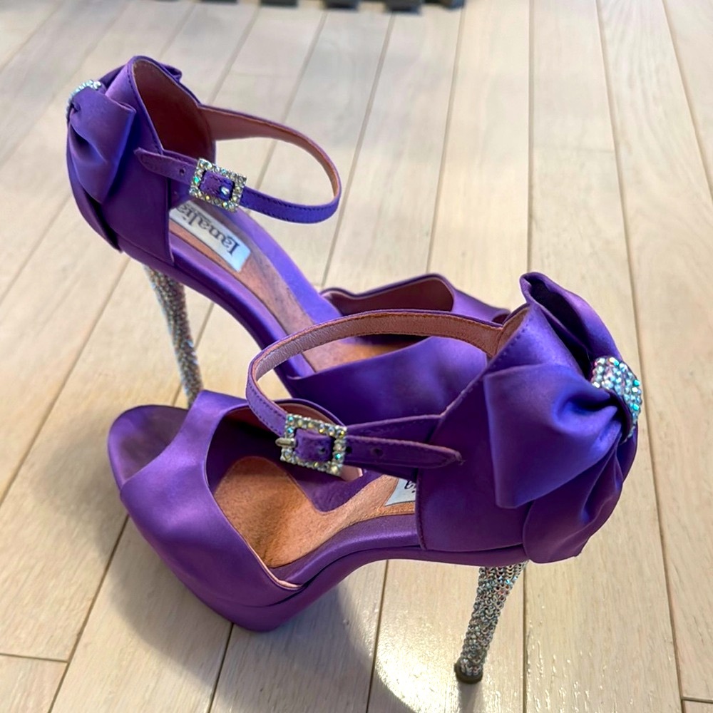 Lanalia custom made, Elegant Purple Satin Heels with Rhinestone Accents